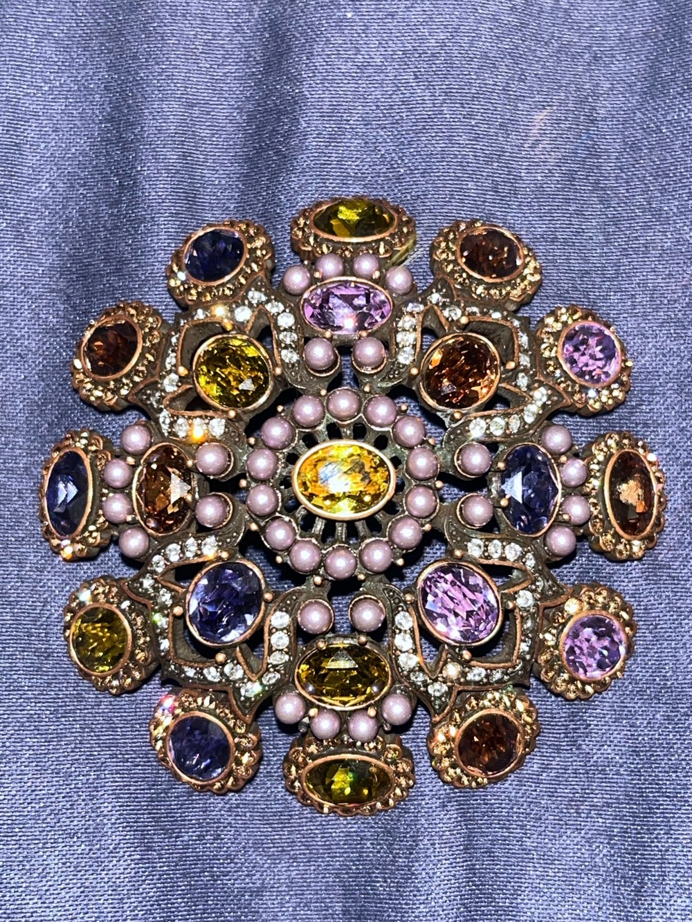 Joan Rivers Vintage Antique Look Dome Brooch with Muticolored Stones/Faux Pearls